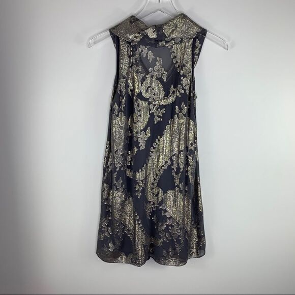 Nu Collective | Gray Gold‎ Sleeveless Metallic Drapeneck Silk Trapeze Dress XS - Picture 11 of 15